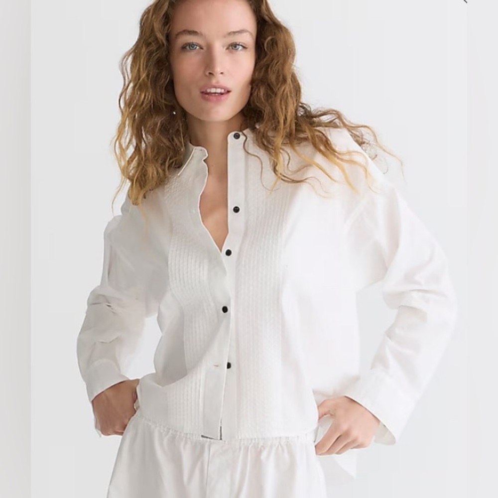 J. Crew White Button-Front Cotton Top tuxedo pleated shirt